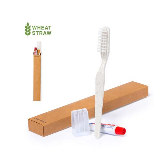 Set dental con cepillo de dientes y pasta dentífrica. Contenido:Cepillo de dientes fabricado en caña de trigo, para así fomentar la utilización de materias primas naturales y reducir las emisiones contaminantes.Pasta dentífrica en tubo de 6 gr, con tapón a rosca.Set presentado en estuche individual de cartón reciclado.