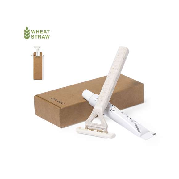 Set de afeitado con cuchilla y gel de afeitar. Contenido: Cuchilla de afeitar de doble hoja con cuerpo fabricado en en caña de trigo, para así fomentar la utilización de materias primas naturales y reducir las emisiones contaminantes. Gel de afeitar en tubo de 8 gr, con tapón a rosca.Set presentado en caja individual de diseño kraft.