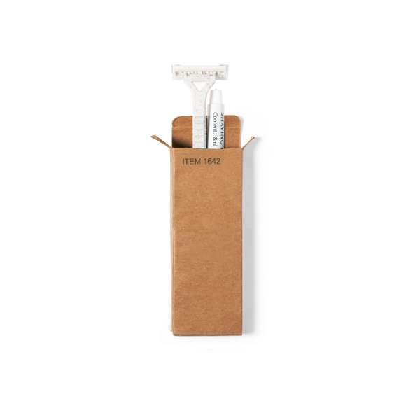 Set de afeitado con cuchilla y gel de afeitar. Contenido: Cuchilla de afeitar de doble hoja con cuerpo fabricado en en caña de trigo, para así fomentar la utilización de materias primas naturales y reducir las emisiones contaminantes. Gel de afeitar en tubo de 8 gr, con tapón a rosca.Set presentado en caja individual de diseño kraft.