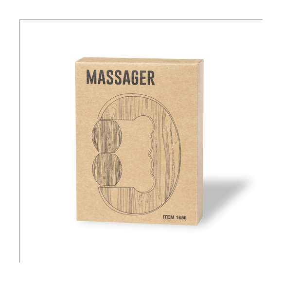 Masajeador de línea nature, fabricado en en bambú. Con 2 bolitas masajeadoras a juego y asa ergonomica. Presentación en caja individual de diseño kraft.