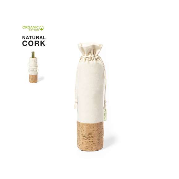 Bolsa para botellas de línea nature. Fabricada en algodón orgánico 100%, con cierre de cordón y base en corcho natural. Ideal para botellas de 750 ml.