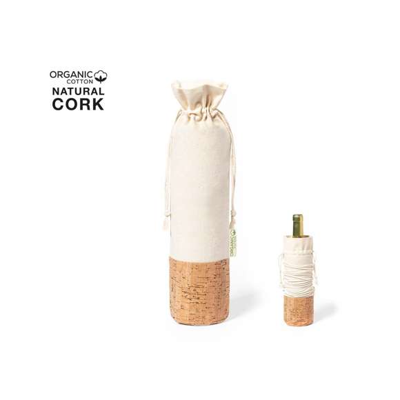 Bolsa para botellas de línea nature. Fabricada en algodón orgánico 100%, con cierre de cordón y base en corcho natural. Ideal para botellas de 750 ml.