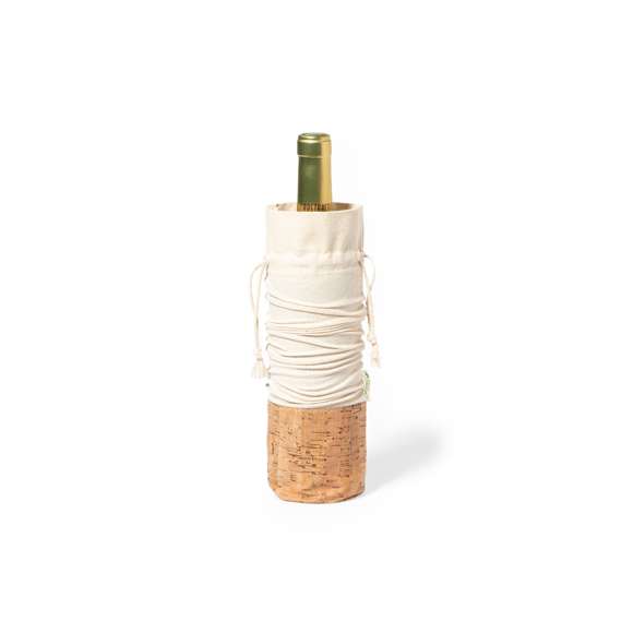 Bolsa para botellas de línea nature. Fabricada en algodón orgánico 100%, con cierre de cordón y base en corcho natural. Ideal para botellas de 750 ml.