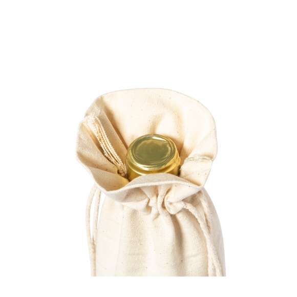 Bolsa para botellas de línea nature. Fabricada en algodón orgánico 100%, con cierre de cordón y base en corcho natural. Ideal para botellas de 750 ml.