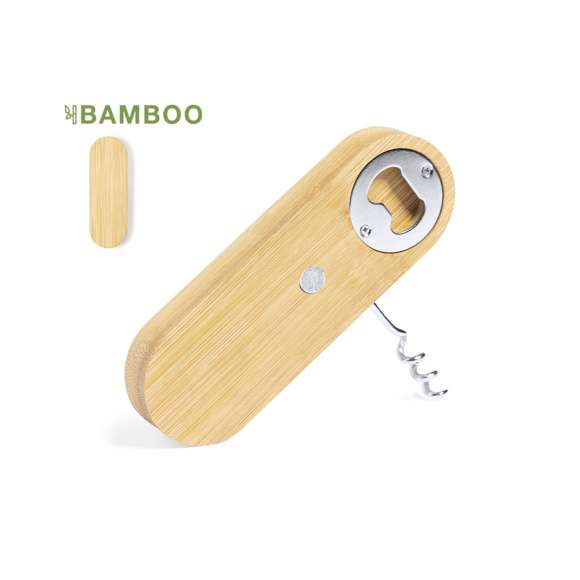 Original sacacorchos abridor magnético de línea nature, fabricado en resistente bambú. Con sacacorchos integrado en cuerpo y sistema de apertura metálico.