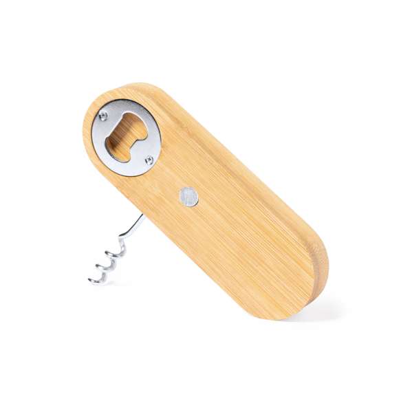 Original sacacorchos abridor magnético de línea nature, fabricado en resistente bambú. Con sacacorchos integrado en cuerpo y sistema de apertura metálico.