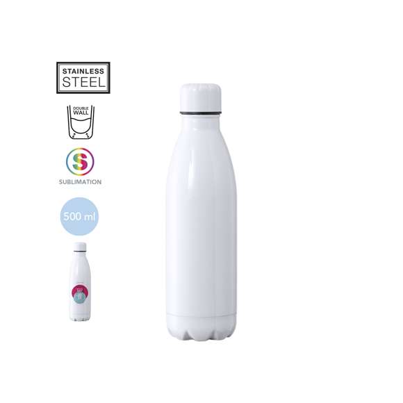 Bidón térmico de 500 ml de capacidad, fabricado en acero inox de doble pared y especialmente diseñado para marcaje en sublimación. De acabado blanco brillo y con tapón a rosca a juego, libre de BPA. Presentado en caja individual de diseño kraft.Disponible manual de instrucciones en español e inglés.