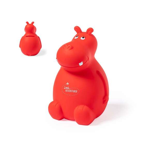 Hucha de original diseño hipopótamo, fabricada en suave y resistente PVC apto para niños. Con tapadera inferior y disponible en variada gama de colores.