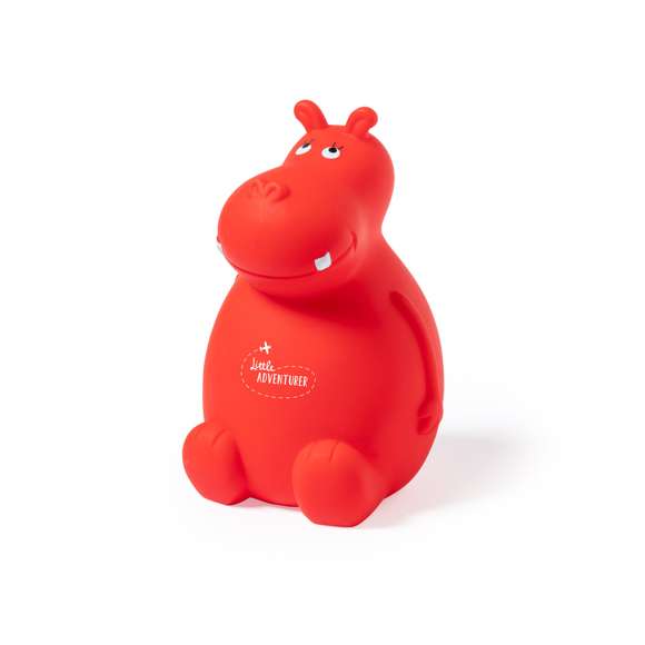 Hucha de original diseño hipopótamo, fabricada en suave y resistente PVC apto para niños. Con tapadera inferior y disponible en variada gama de colores.