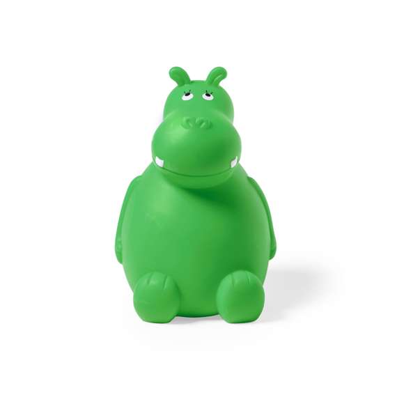 Hucha de original diseño hipopótamo, fabricada en suave y resistente PVC apto para niños. Con tapadera inferior y disponible en variada gama de colores.