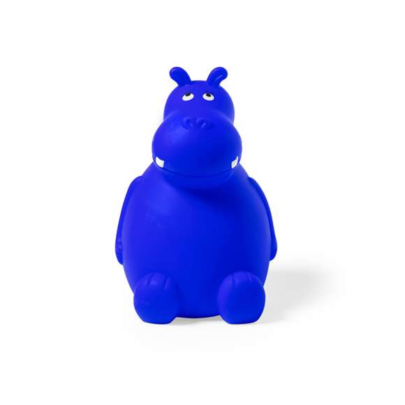 Hucha de original diseño hipopótamo, fabricada en suave y resistente PVC apto para niños. Con tapadera inferior y disponible en variada gama de colores.
