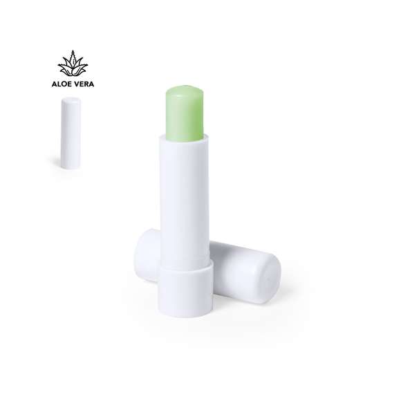 Bálsamo labial con aroma aloe vera. En envase dosificador de color blanco con capucha.