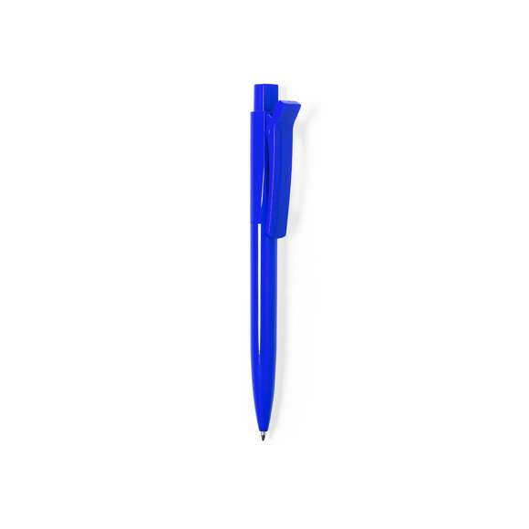 Original bolígrafo con clip pinza y fabricado en resistente ABS de acabado brillante. Disponible en variada gama de colores, con cartucho jumbo y tinta azul.