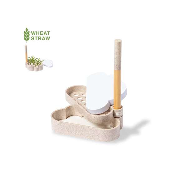 Portanotas semillas de línea nature con original diseño nube. Incluye: Bloc de 80 notas blancas en forma de nube.Base con soporte para bolígrafo y dos compartimentos, con hoja de papel semilla incluida. Fabricado en caña de trigo, para así fomentar la utilización de materias primas naturales y reducir las emisiones contaminantes.Bolígrafo puntero con cuerpo fabricado en bambú capucha y detalles en caña de trigo. En tinta azul.Set presentado en caja individual de diseño kraft, con manual de instrucciones en español e inglés.