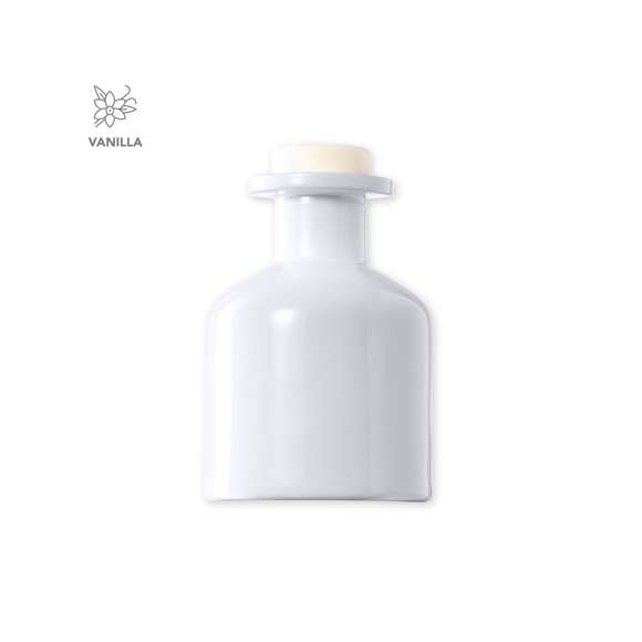 Difusor aromático 100 ml, fabricado en cristal de acabado sólido. Con 8 varillas de ratán y tapón antiderrame. Blanco aroma vainilla y negro aroma sándalo. Presentado en caja individual blanca con ventana.