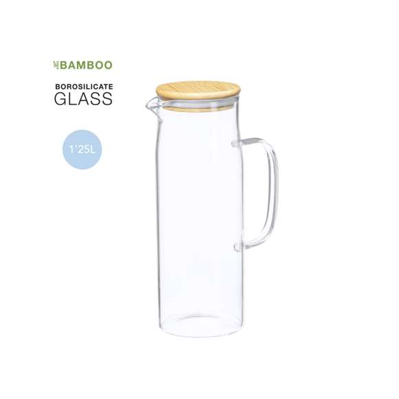 Jarra de 1,25 l de capacidad, fabricada en cristal de borosilicato, que ofrece una resistencia y durabilidad excepcionales, alargando su vida útil y pudiendo ser reutilizada infinidad de veces. Tapón en bambú con ajuste a presión. Presentado en caja individual de diseño kraft.
