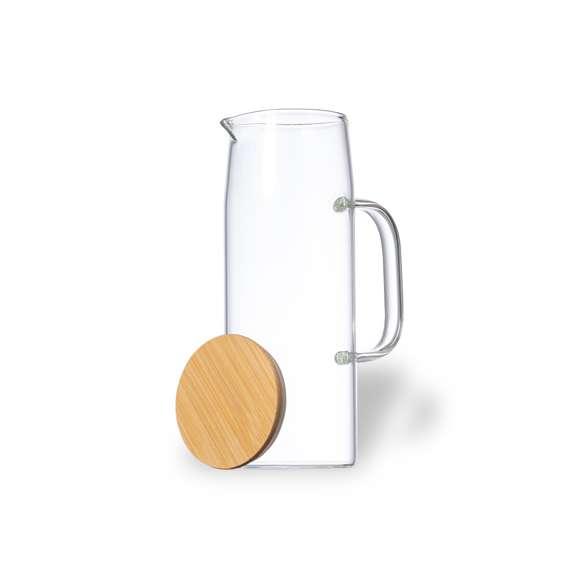 Jarra de 1,25 l de capacidad, fabricada en cristal de borosilicato, que ofrece una resistencia y durabilidad excepcionales, alargando su vida útil y pudiendo ser reutilizada infinidad de veces. Tapón en bambú con ajuste a presión. Presentado en caja individual de diseño kraft.