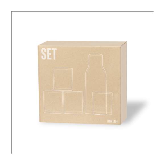 Set de jarra y vasos de sobrio diseño, fabricados en cristal. Incluye 4 vasos de 320 ml y jarra de 1,35 l. Presentación en caja individual de diseño kraft.
