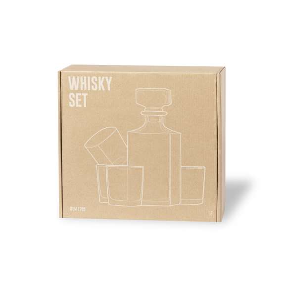 Set de whisky de sobrio diseño y fabricado en cristal. Incluye 4 vasos de 200 ml y decantador de 1 l, con tapón en cristal. Presentación en caja individual de diseño kraft.