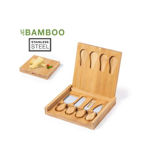 Original set de quesos en caja plegable con troquelado interior para cada accesorio y en formato rectangular. Accesorios en acero inox con mango en bambú. Presentado en caja individual de diseño kraft.