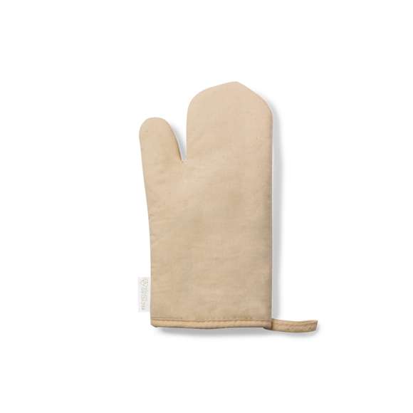  	Manopla de cocina de línea nature. Fabricada en material 100% algodón reciclado de alta calidad. Con una cara lisa para impresión y cinta para colgar. Distintivo algodón reciclado en etiqueta.
