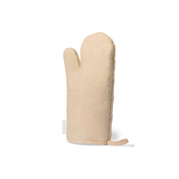  	Manopla de cocina de línea nature. Fabricada en material 100% algodón reciclado de alta calidad. Con una cara lisa para impresión y cinta para colgar. Distintivo algodón reciclado en etiqueta.