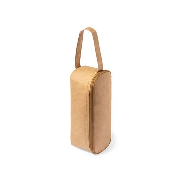 Portabocadillos térmico de línea nature. Exterior fabricado en resistente papel reciclado laminado, e interior isotermo en aluminio. Con cierre de cremallera y asa de transporte.