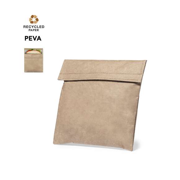 Portasnacks térmico de línea nature. Exterior fabricado en resistente papel reciclado laminado, e interior isotermo en PEVA. Con cierre de velcro.