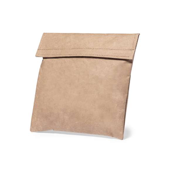 Portasnacks térmico de línea nature. Exterior fabricado en resistente papel reciclado laminado, e interior isotermo en PEVA. Con cierre de velcro.
