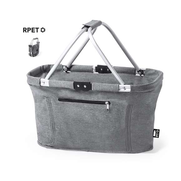 Cesta plegable fabricada en resistente 600D RPET. Con resistente estructura de aluminio y 2 asas de transporte plegables en aluminio, con cinta de velcro a juego. Bolsillo exterior con cierre de cremallera y etiqueta exterior con distintivo RPET. El material RPET se elabora a partir de plástico reciclado, para así fomentar la reutilización de residuos plásticos y ayudar a la sostenibilidad del planeta.