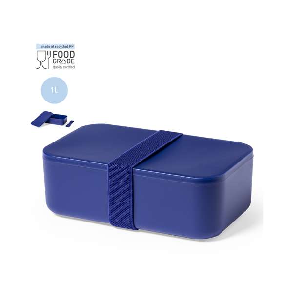 Fiambrera fabricada en PP libre de BPA. De 1 l de capacidad y disponible en variada gama de colores, con cinta elástica de seguridad a juego. Certificación Food Grade, garantizando la seguridad cuando los alimentos entran en contacto con el material usado para fabricar el producto.