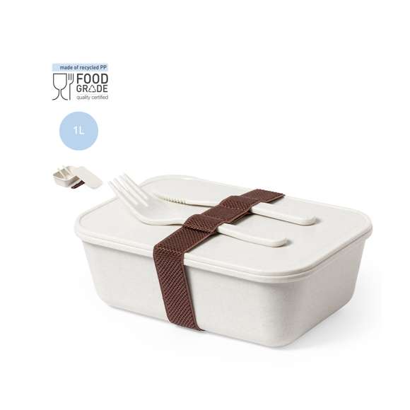 Fiambrera fabricada en PP veteado libre de BPA. De 1 l de capacidad, incluye cinta elástica de seguridad con tenedor y cuchillo. Certificación Food Grade, garantizando la seguridad cuando los alimentos entran en contacto con el material usado para fabricar el producto.