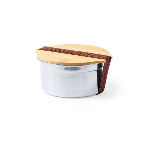 Fiambrera de 800 ml de capacidad fabricada en acero inox. Con tapa hermética en bambú y cinta elástica de cierre. Presentada en caja individual de diseño.