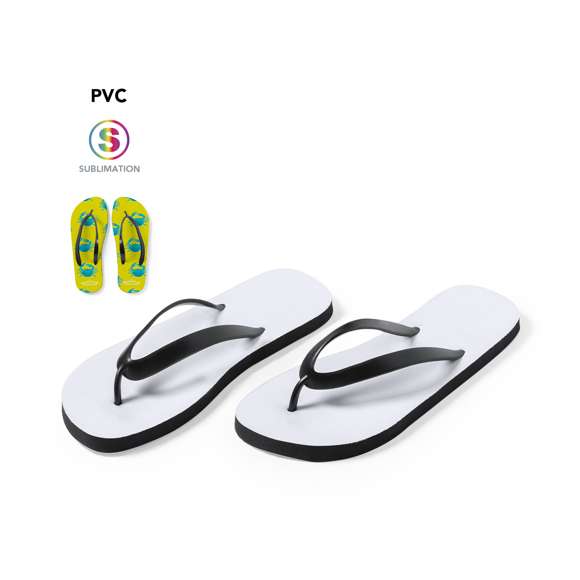 Par de chanclas con suela 100% personalizable y especialmente diseñadas para marcaje en sublimación. Con resistente suela de EVA, tiras de PVC en color negro y disponibles en dos tallas: 36-38 y 42-44. Set compuesto de plancha de EVA troquelada para personalización, con tiras aparte para fácil montaje después de marcar.