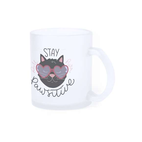 Taza de cristal de 350ml de capacidad, de acabado translúcido y especialmente diseñada para marcaje en sublimación. Presentada en caja individual de diseño kraft.