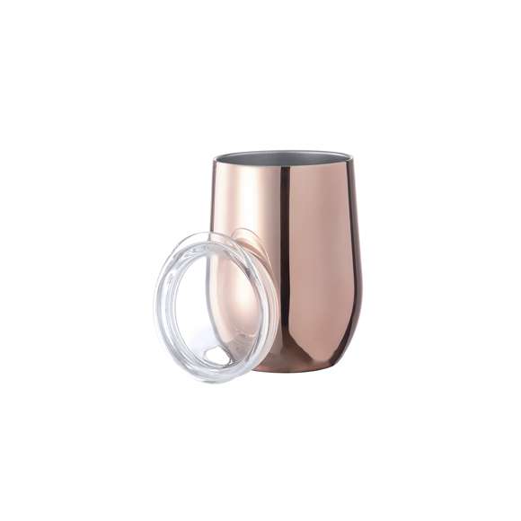 Vaso térmico de sobremesa fabricado en acero inox de doble pared y 350ml de capacidad, con recubrimiento exterior de cobre galvanizado. Dosificador en tapa y libre de BPA. Presentado en caja individual negra de diseño.