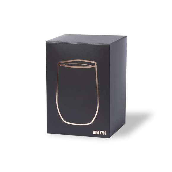 Vaso térmico de sobremesa fabricado en acero inox de doble pared y 350ml de capacidad, con recubrimiento exterior de cobre galvanizado. Dosificador en tapa y libre de BPA. Presentado en caja individual negra de diseño.
