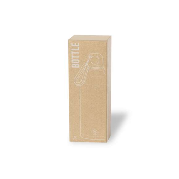Bidón de 400 ml de capacidad. Fabricado en aluminio reciclado, con posibilidades de reciclaje casi infinitas, sin perder sus propiedades originales y consumiendo menos energía en este proceso. De acabado mate, con tapón a rosca en negro, anilla y mosquetón de transporte. Libre de BPA y presentado en caja individual de diseño kraft.Disponible manual de instrucciones en español e inglés.