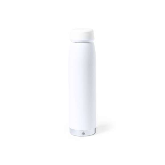 Bidón térmico de 380 ml de capacidad, fabricado en acero inox reciclado de doble pared, con tapón a rosca a juego y base en plata. Disponible en variada gama de colores satinados, libre de BPA y presentado en caja individual de diseño kraft.  El acero es uno de los materiales más demandados y que puede encontrarse casi en todas partes, desde productos de uso diario a grandes construcciones. Con innumerables propiedades, entre las que cabe destacar la durabilidad y su alto grado de reutilización, convirtiéndolo en una alternativa muy valorada en soluciones de sostenibilidad. Debidamente tratado, permite obtener nuevos recursos de infinita utilización.