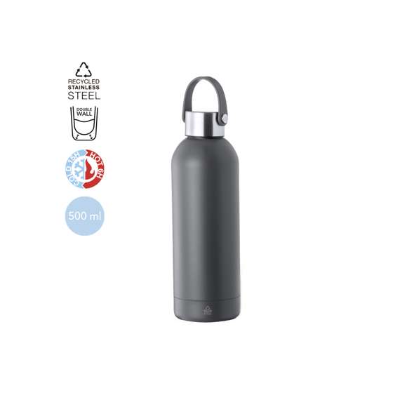 Bidón térmico de 500 ml de capacidad, fabricado en acero inox reciclado de doble pared, con tapón a rosca en mate y asa integrada a juego. Disponible en variada gama de colores satinados, libre de BPA y presentado en caja individual de diseño kraft.  El acero es uno de los materiales más demandados y que puede encontrarse casi en todas partes, desde productos de uso diario a grandes construcciones. Con innumerables propiedades, entre las que cabe destacar la durabilidad y su alto grado de reutilización, convirtiéndolo en una alternativa muy valorada en soluciones de sostenibilidad. Debidamente tratado, permite obtener nuevos recursos de infinita utilización.