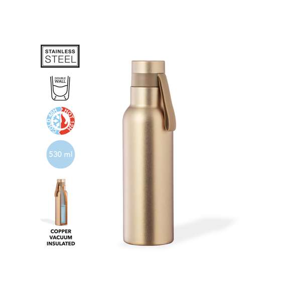 Bidón térmico de 530 ml de capacidad, fabricado en acero inox de doble pared. Con aislamiento de cobre al vacío, que permite mantener el calor y el frío durante más tiempo, llegando a las 12 y 48 horas respectivamente. Tapón a rosca con asa integrada a juego, libre de BPA. Disponible en variada gama de colores metalizados y presentado en caja individual de diseño kraft.