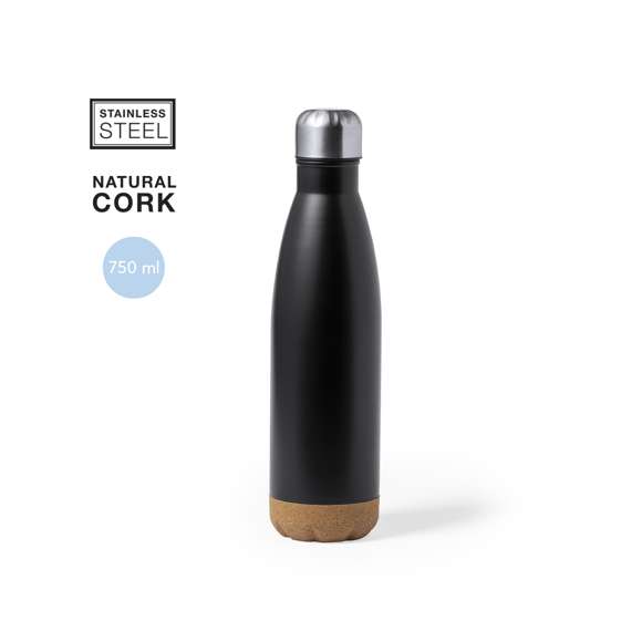Bidón de 750 ml de capacidad, fabricado en acero inox. Con base en corcho natural y tapón a rosca, libre de BPA. Disponible en variada gama de colores satinados y presentado en caja individual de diseño kraft.Disponible manual de instrucciones en español e inglés.