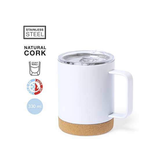 Taza térmica de sobremesa fabricada en acero inox de doble pared y 330ml de capacidad. Con dosificador en tapa, libre de BPA, y base en corcho natural. Disponible en variada gama de colores mate. Presentada en caja individual de diseño kraft.