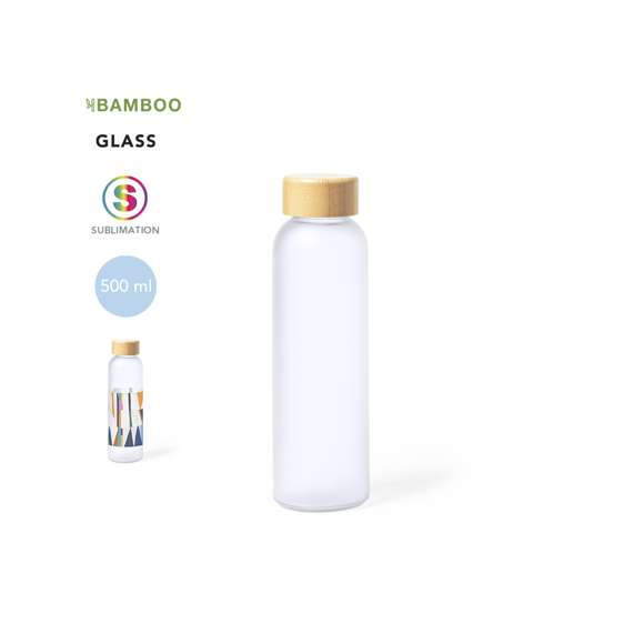 Bidón de línea nature y 500 ml de capacidad, fabricado especialmente para marcaje en sublimación. Cuerpo fabricado en cristal, con tapón a rosca de bambú y libre de BPA. Presentado en caja individual de diseño eco.