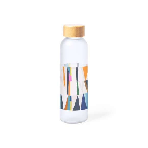 Bidón de línea nature y 500 ml de capacidad, fabricado especialmente para marcaje en sublimación. Cuerpo fabricado en cristal, con tapón a rosca de bambú y libre de BPA. Presentado en caja individual de diseño eco.