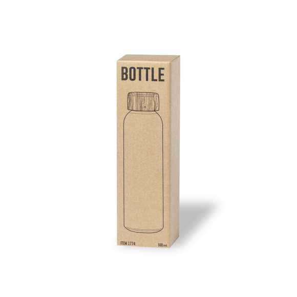 Bidón de línea nature y 500 ml de capacidad, fabricado especialmente para marcaje en sublimación. Cuerpo fabricado en cristal, con tapón a rosca de bambú y libre de BPA. Presentado en caja individual de diseño eco.
