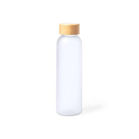 Bidón de línea nature y 500 ml de capacidad, fabricado especialmente para marcaje en sublimación. Cuerpo fabricado en cristal, con tapón a rosca de bambú y libre de BPA. Presentado en caja individual de diseño eco.