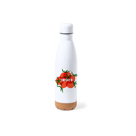 Bidón de 750 ml de capacidad, fabricado en acero inox y especialmente diseñado para marcaje en sublimación. De acabado blanco brillo, con tapón a rosca a juego y base en corcho natural. Libre de BPA y presentado en caja individual de diseño kraft. Disponible manual de instrucciones en español e inglés.