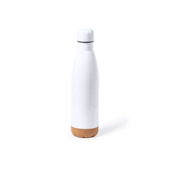 Bidón de 750 ml de capacidad, fabricado en acero inox y especialmente diseñado para marcaje en sublimación. De acabado blanco brillo, con tapón a rosca a juego y base en corcho natural. Libre de BPA y presentado en caja individual de diseño kraft. Disponible manual de instrucciones en español e inglés.