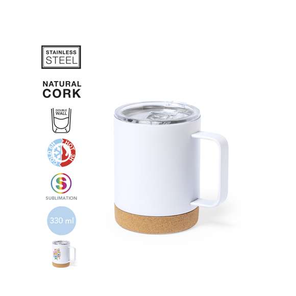 Taza térmica de sobremesa fabricada con acero inox de doble pared y 330ml de capacidad. Especialmente diseñada para marcaje en sublimación y de acabado en blanco brillo. Con dosificador en tapa con abrefácil, libre de BPA, y base en corcho natural. Presentada en caja individual de diseño kraft.